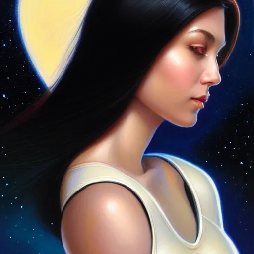 Image similar to a portrait of a very beautiful woman in a spacesuit, Alexandria\'s genesis, shoulder-length black hair, bored, illustration, soft lighting, soft details, painting oil on canvas by mark arian by artgerm, trending on artstation, 4k, 8k, HD