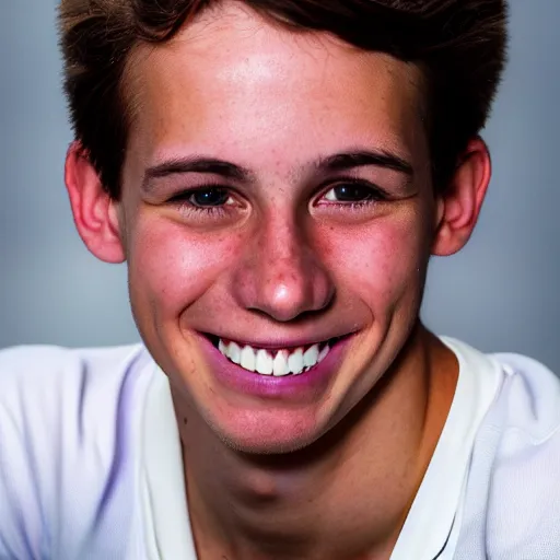 Image similar to photographic portrait by Annie Leibovitz of a young white male smiling with short brown hair that sticks up in the front, dark eyes, groomed eyebrows, tapered hairline, sharp jawline, wearing a purple white volleyball jersey, sigma 85mm f/1.4, 15mm, 35mm, 4k, high resolution, 4k, 8k, hd, full color