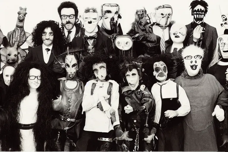 Image similar to tintype photo of a group of people, zippy from rainbow childrens tv show, harry hill, darth maul, edward scissorhands, princess diana, giant seahorse, frankie boyle, jackie chan, mr hedgehog, jessica rabbit, maradona. everyone is standing behind a llama