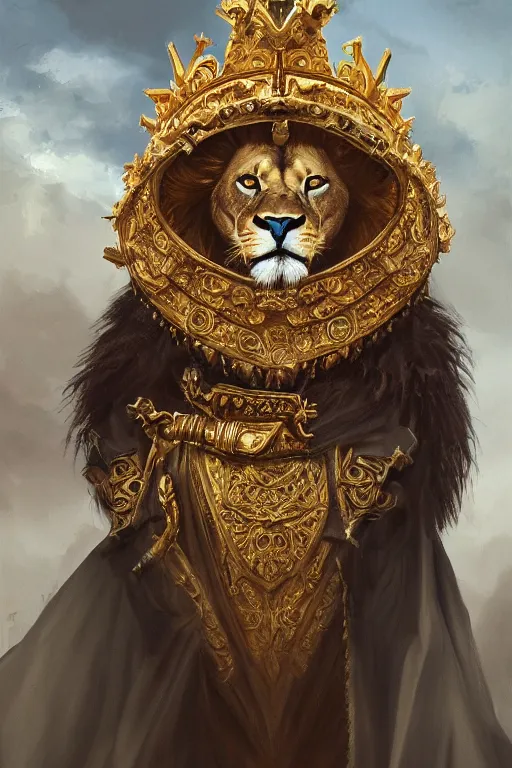 Prompt: an oil painting portrait of a lion wearing medieval royal robe and an ornate crown on a dark background, digital Art, concept Art, highly detailed, 3-D 4K, trending on art station, Award winning, Mark Brooks