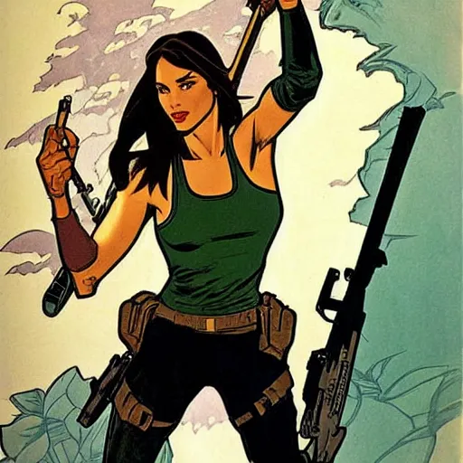 Image similar to lara croft. well composed, clean elegant painting, beautiful detailed face. comic book art by steve ditko and jack kirby and ( alphonse mucha )