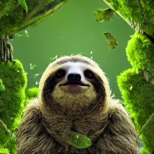 Prompt: Portrait of a sloth coated in green moss with moths buzzing around, ultra high definition, unreal engine, very detailed