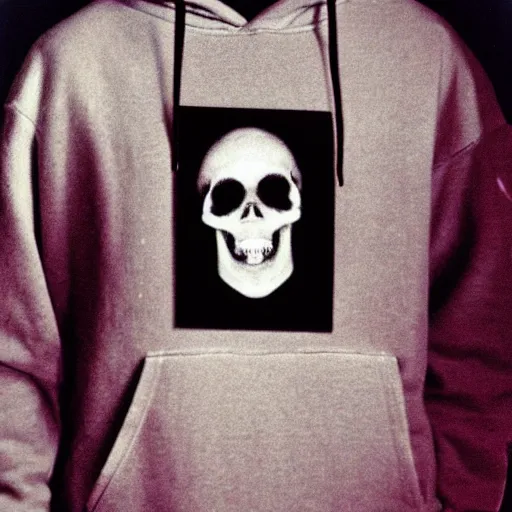 Prompt: close-up shot of a skull wearing hoodie in 80s, funny, Polaroid photo, by Warhol