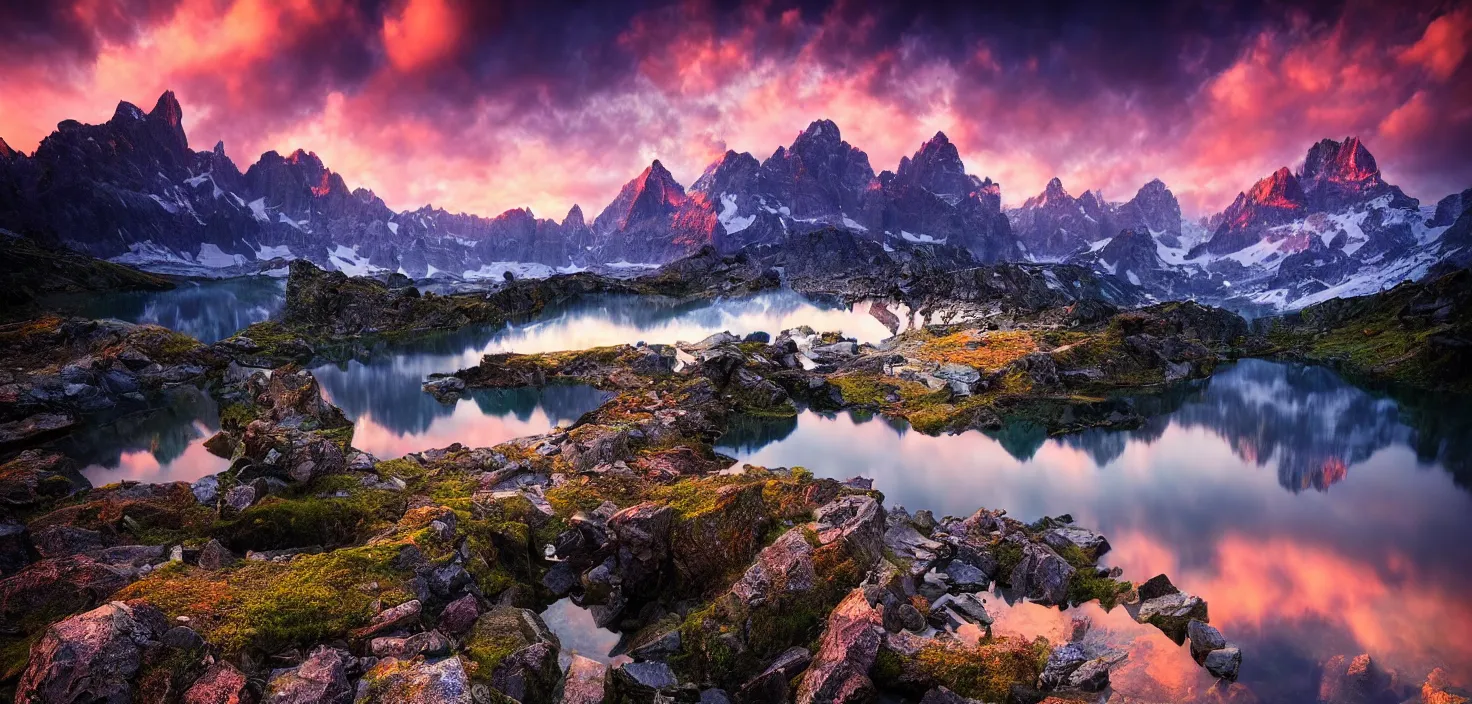 Image similar to amazing landscape photo of mountains with lake in sunset by marc adamus, beautiful dramatic lighting