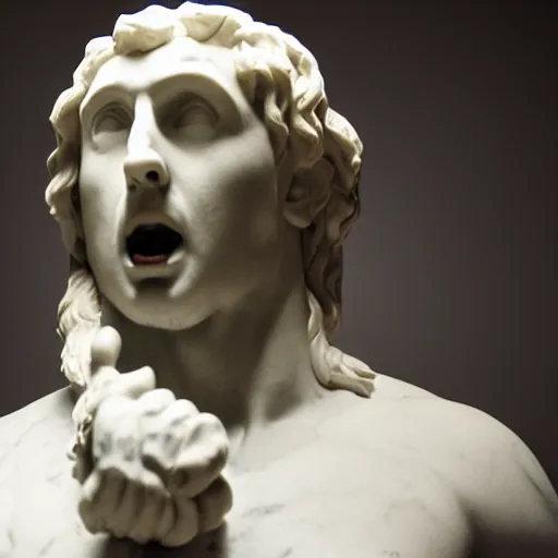 Image similar to a realistic greek white marble statue of adam sandler wearing a ghostly toga getting kicked in the balls, displayed in a museum art gallery, moody, dramatic lighting, dark, photorealistic, cinematic scene, super detailed, hyper realistic, bright lights, 8 k