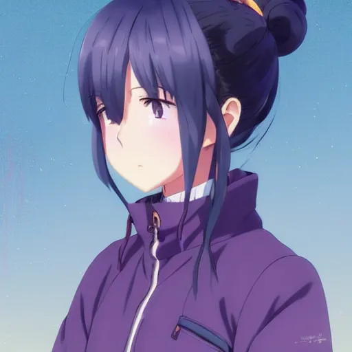 Prompt: cute anime shima rin shimarin yuru camp dark - blue hair bun tied in a high bun purple violet eyes portrait by greg rutkowski makoto shinkai kyoto animation forest background detailed