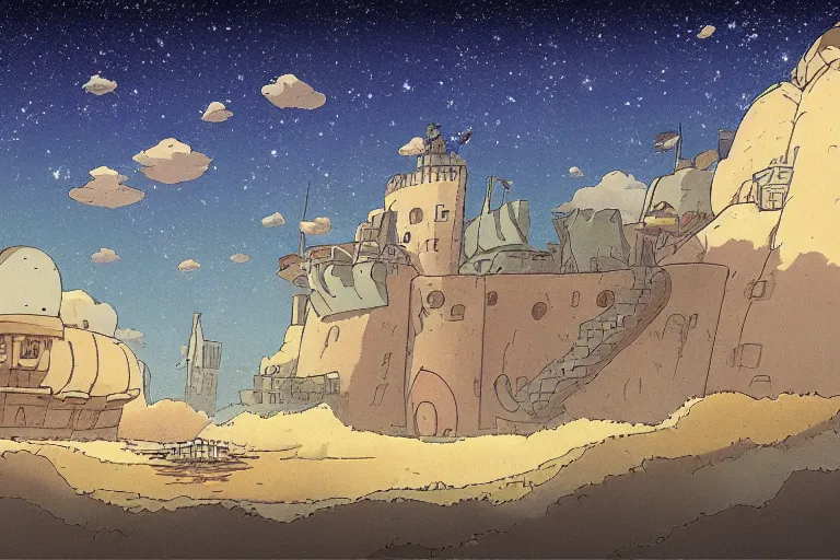 Prompt: a land outside of time and space with floating sands and flying beasts with a Fort in the middle and water tunnels below, a man standing watching over, by studio ghibli, environment art