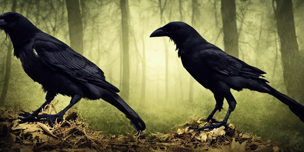 Prompt: mixture between an crow and!!!! human, photograph captured in a dark forest