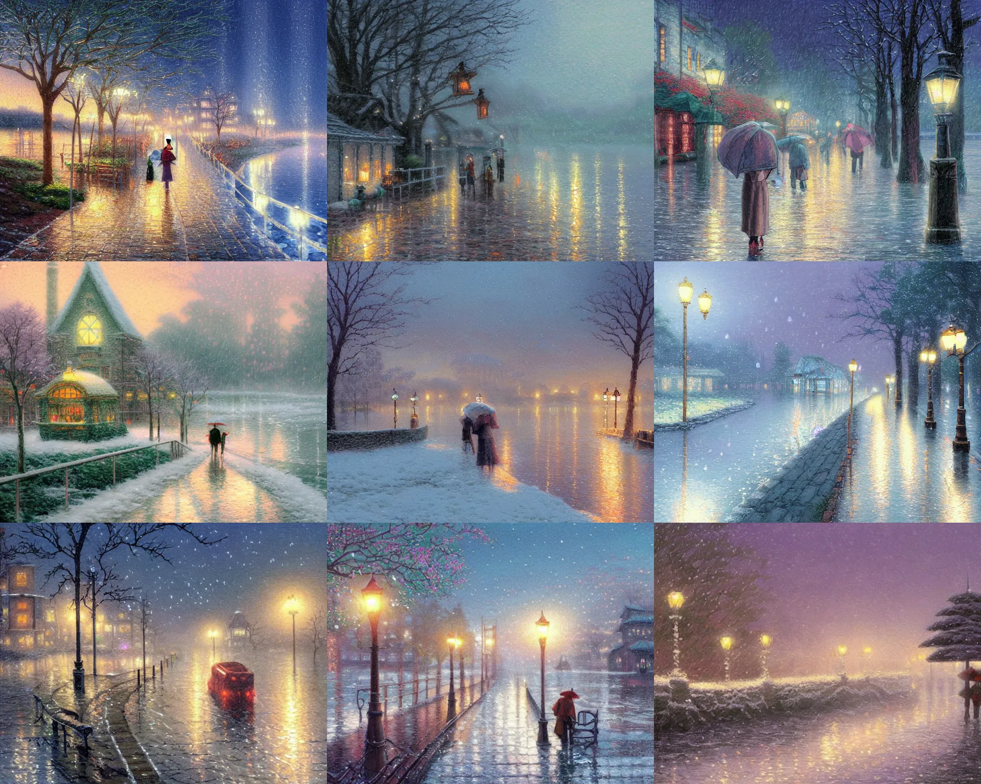 Prompt: rainy day by the lake, winter frost, city lights, pixiv, art by studio ghibli and thomas kinkade