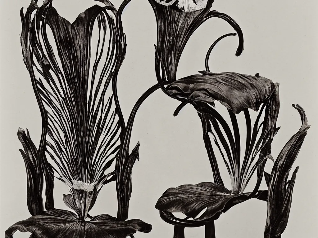 Image similar to flaming gothic chair in the shape of a iris flower. karl blossfeldt, salvador dali