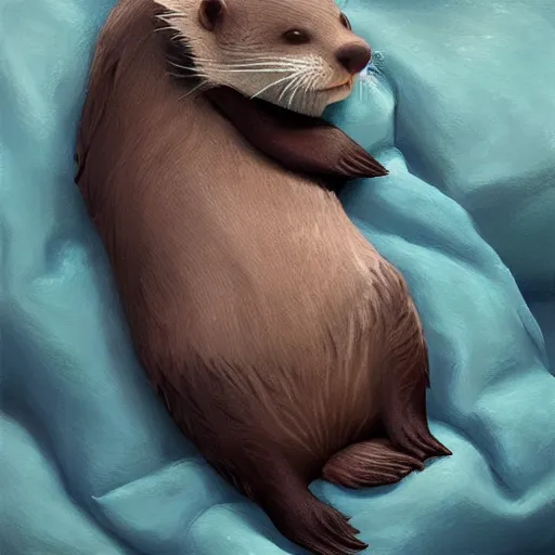 Image similar to a cute otter sleeping with blankets. soft, atmospheric, warm lighting. highly detailed digital painting by mandy jurgens.