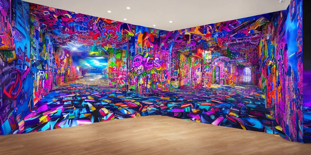 Prompt: cinematic view from inside the realm full of colorful 3 d graffiti, ultra realistic, extremely high definition, highly detailed and intricate masterpiece