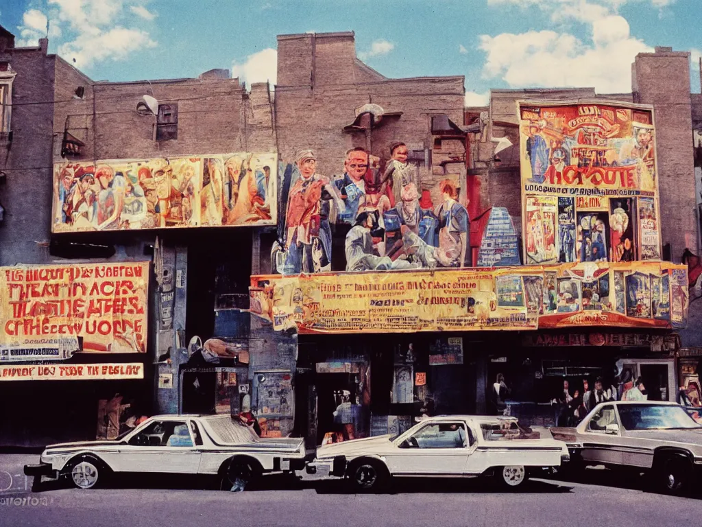 Image similar to a photograph taken with anscochrome 2 0 0, in color, street view of the small theater of the town, with a back to the future banner!!!!!!! a lot of people in a line to enter the theater, ultra detailed, almost night, 1 9 8 5,