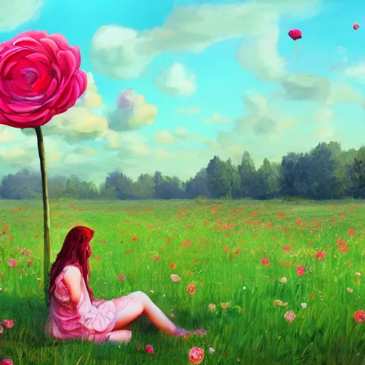 Image similar to giant rose flower head, full body girl sitting in a flower field, surreal photography, sunrise, dramatic light, impressionist painting, colorful clouds, digital painting, artstation, simon stalenhag