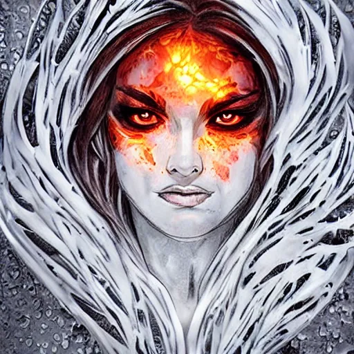 Image similar to woman portrait made out of ice and fire, beautiful, cyborg, comic book art, highly detailed