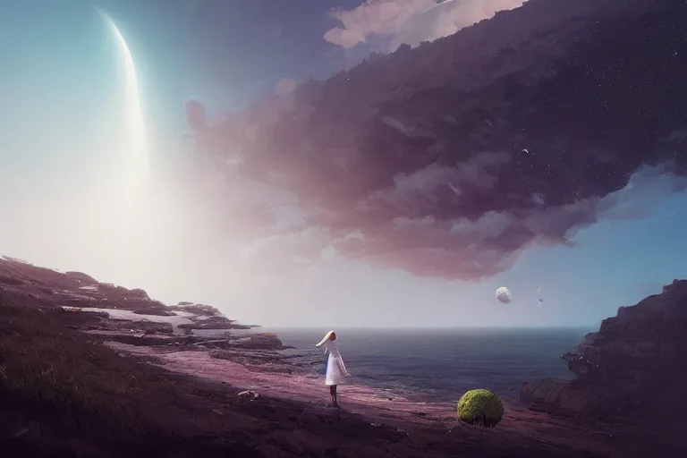 Image similar to giant white daisy flower on head, girl walking on cliff, surreal photography, solar eclipse, milky way, dramatic light, impressionist painting, clouds, digital painting, artstation, james gilleard, liam wong, jeremy mann, simon stalenhag