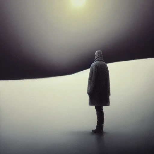 Image similar to a painting of a person standing in the snow, a surrealist painting by zdzisław beksinski and by alena aenami, deviantart, nuclear art, dystopian art, apocalypse landscape, surrealist