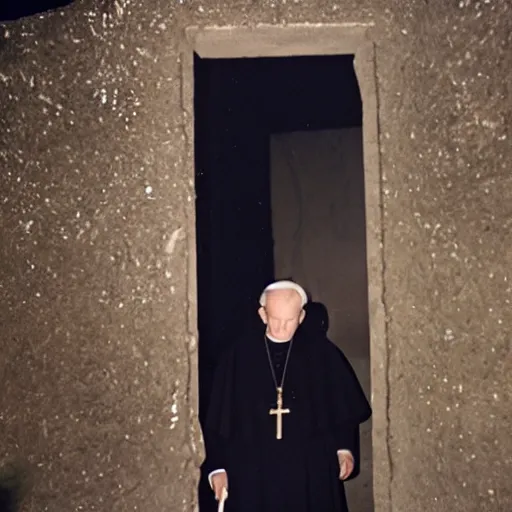 Image similar to award - winning photograph of john paul ii standing in the entrance to a small burning church building, at night, pitch black, christian cross