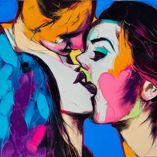 Prompt: a portrait of two beautiful 3 0 year old women kissing by francoise nielly