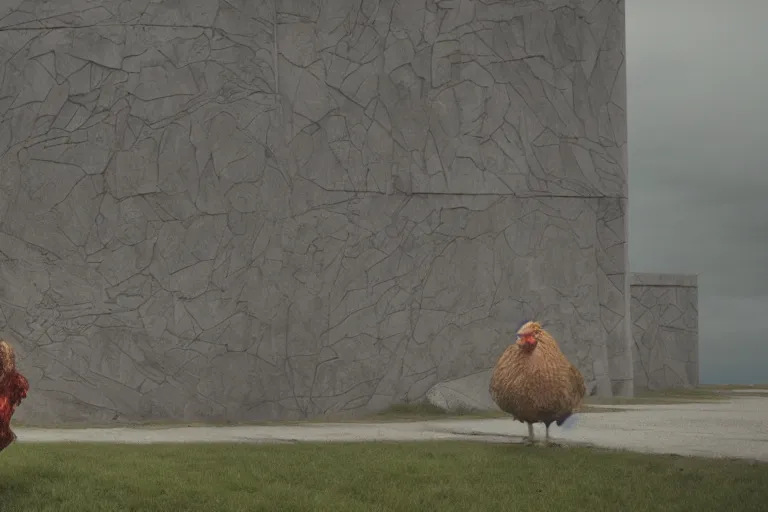 Image similar to a cinematic still of beautiful landscape, olmsted, brutalist chicken man