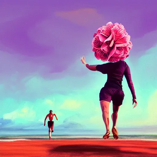 Image similar to portrait, giant rose flower head, woman running at the beach, surreal photography, sunrise, blue sky, dramatic light, impressionist painting, digital painting, artstation, simon stalenhag