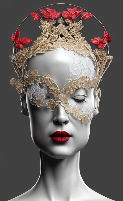 Image similar to complex 3d render ultra detailed of one single beautiful porcelain profile woman face, mechanical cyborg, 150 mm, accent lighting, beautiful studio soft light, rim light, silver gold red details, luxurious, magnolia big filigran ultra detailed leaves and stems, black roots, Alexander Mcqueen haute couture, fine foliage lace, mesh wire, filigran intricate details, hyperrealistic, mandelbrot fractal, anatomical, silver metal armor, facial muscles, cable wires, microchip, elegant, white background, beautiful white teeth, beautiful lips, octane render, H.R. Giger style, 8k