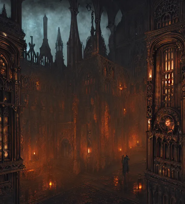 Image similar to steam necropolis, memento mori, gothic, neo - gothic, art nouveau, hyperdetailed copper patina medieval icon, stefan morrell, philippe druillet, ralph mcquarrie, concept art, steampunk, unreal engine, detailed intricate environment, octane render, moody atmospherics, volumetric lighting, ultrasharp, ominous, otherworldly