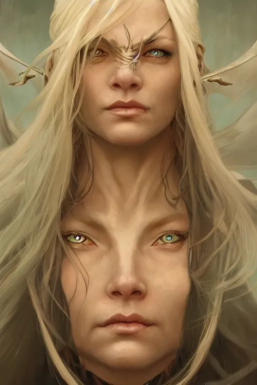 Image similar to portrait of an old blonde elven mage, dark, piercing eyes, gentle expression, elegant clothing, photorealistic, highly detailed, artstation, smooth, sharp focus, art by michael whelan, artgerm, greg rutkowski and alphonse mucha