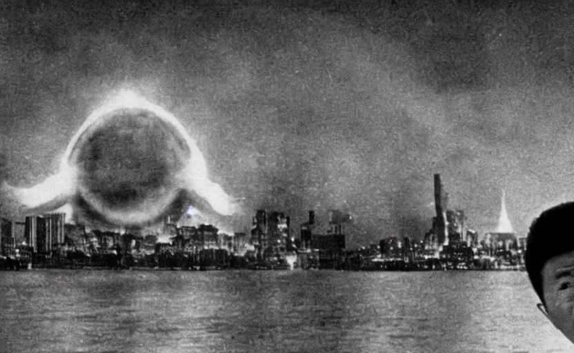 Image similar to a filmstill of Kim Jong-il and a Starro monster destroying Pyongyang, in Godzilla (1954) by Ishirō Honda, traditional Korean city, palace, epic ultrawide shot, cinémascope