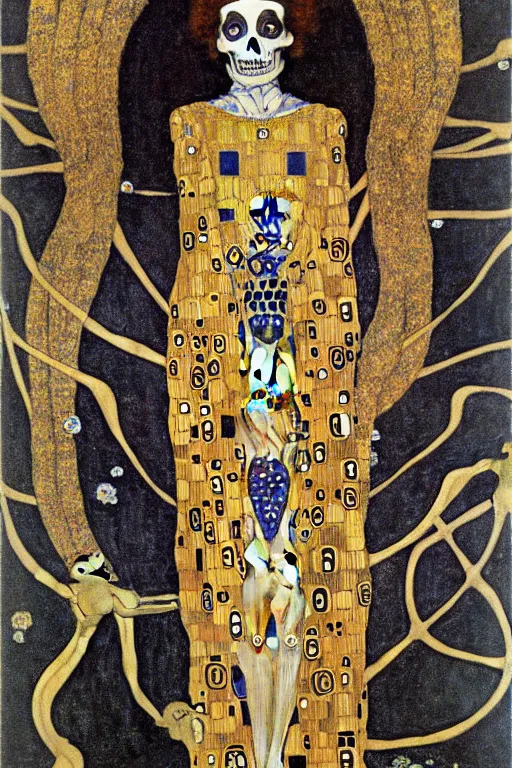 Prompt: skeleton queen, symbolism paintimg of vienna secession movement. in gustav klimt style 1 9 0 1, judith and the head of holofernes