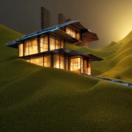 Image similar to small hillside house made of honey, modern lighting, hyper - realistic, hyper - detailed, 8 k, octane rendered, art nouveau, organic, flowing, impossible torsion, writhing, lush, dynamic