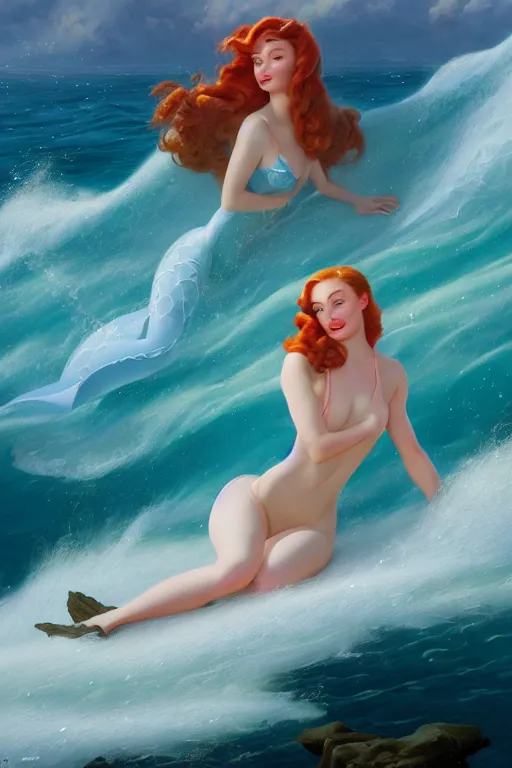 Image similar to sophie turner as the little mermaid splashed onto a rock ocean wave by Gil Elvgren Stanley Artgerm Lau, WLOP, James Jean, Andrei Riabovitchev, Marc Simonetti, Yoshitaka Amano, ArtStation, CGSociety, cinematic lighting, shining eyes, art nouveau