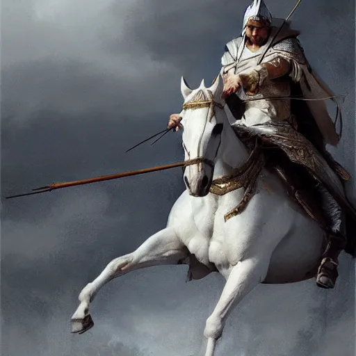 Image similar to a white horse The one who rode him carried arrows and a bow in his hand, and they gave him a crown, digital Art, Greg rutkowski Trending artstation