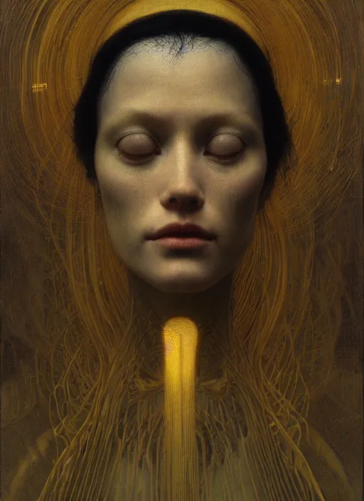 Prompt: Woman masterpiece, beautiful eyes, yellow, golden halo behind her head, wires everywhere, by Edgar Maxence and Ross Tran, Zdzisław Beksiński, and Michael Whelan, distant, gustav dore, H.R. Giger, 8k, octane render