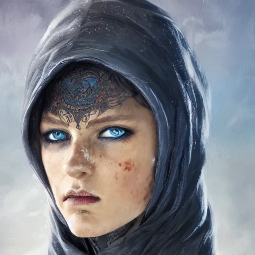 Image similar to beautiful female wizard, detailed face, blue eyes, black clothing, daughter of death, featured on artstation, 8k highly detailed, intricate oil painting, concept art