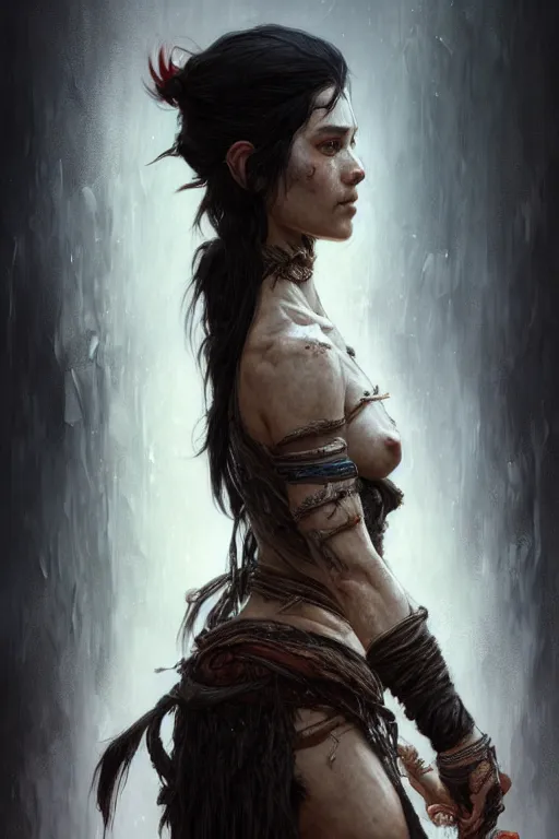 Prompt: portrait of a black haired woman in the style of god of war, rugged torn clothes, intricate, elegant, highly detailed, digital painting, artstation, concept art, smooth, sharp focus, illustration, art by artgerm and greg rutkowski and alphonse mucha, 8 k