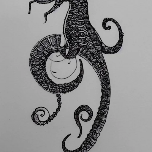 Image similar to a seahorse and a squid. black ink on paper tattoo design