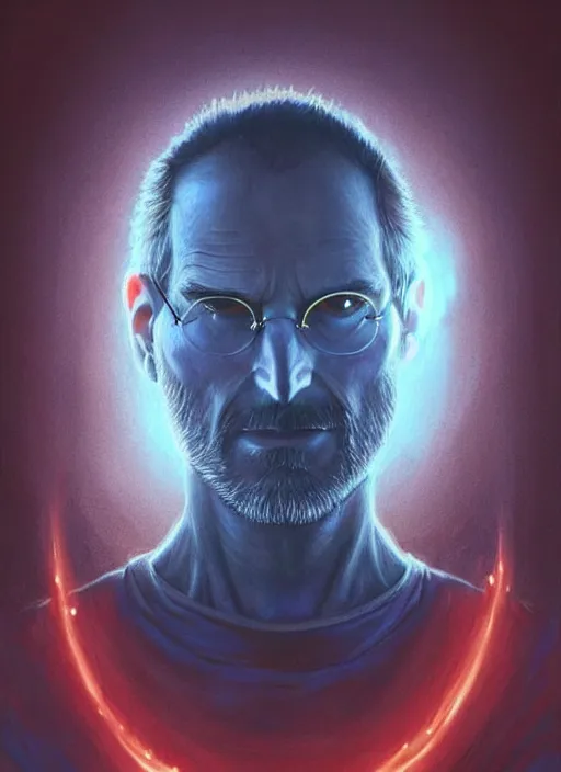 Image similar to Portrait of Steve Jobs, red glowing eyes, blue shaggy hair, male, fantasy,, extremely detailed, digital painting, artstation, concept art, smooth, sharp focus, illustration, stunning lighting, art by artgerm and greg rutkowski and alphonse mucha and simon stalenhag, realistic character concept, high fantasy, light atmosphere, golden ratio, cinematic lighting, hyperdetailed, high resolution, insanely detailed and intricate, face enhance, Marc Simonetti, Greg Rutkowski, 8k