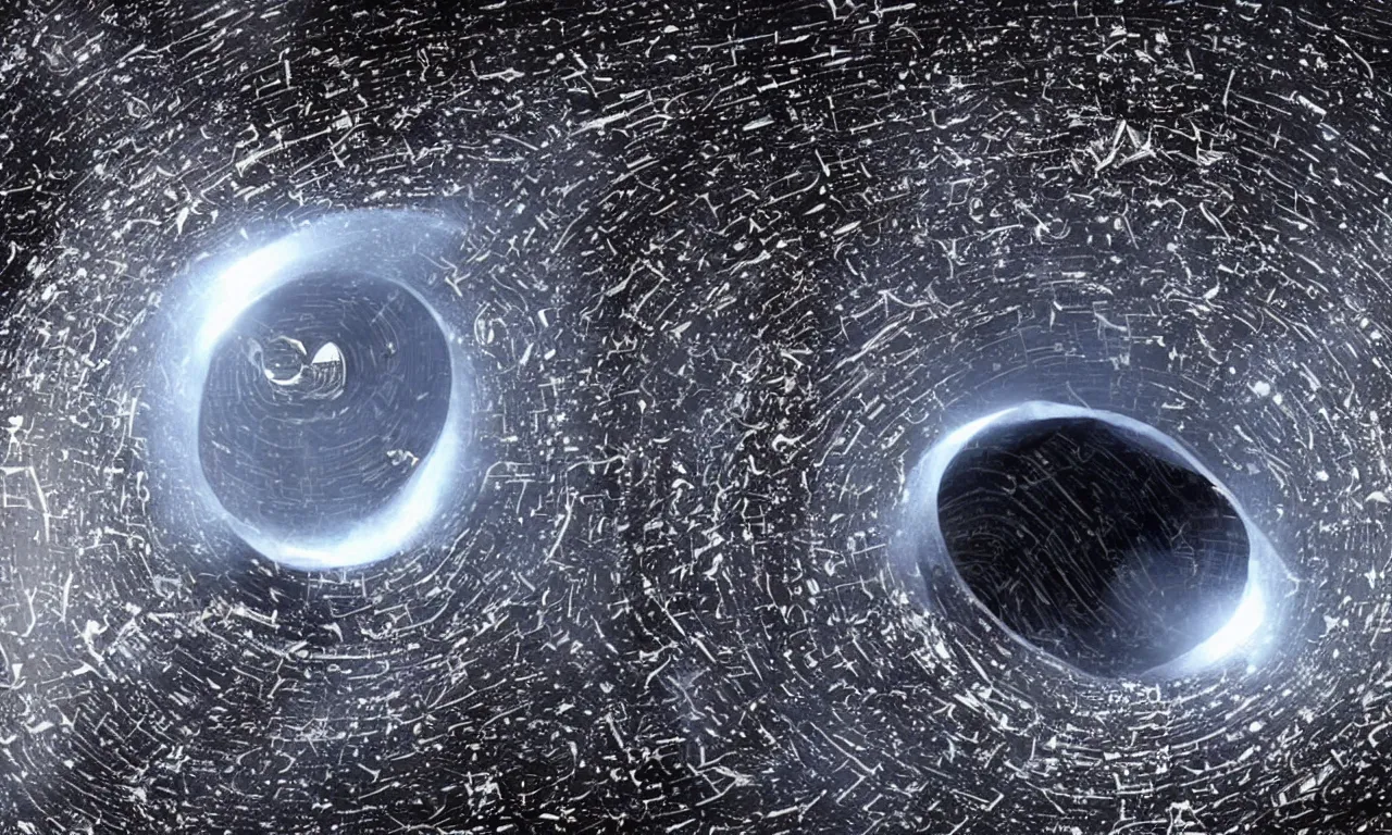 Image similar to space debris from ancient space station and other space constructions revolving around black hole forming a tilted vortex in black starless space