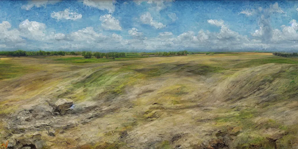 Image similar to an eastern front battlefield landscape, summertime, shell craters, single burning tank, digital oil painting