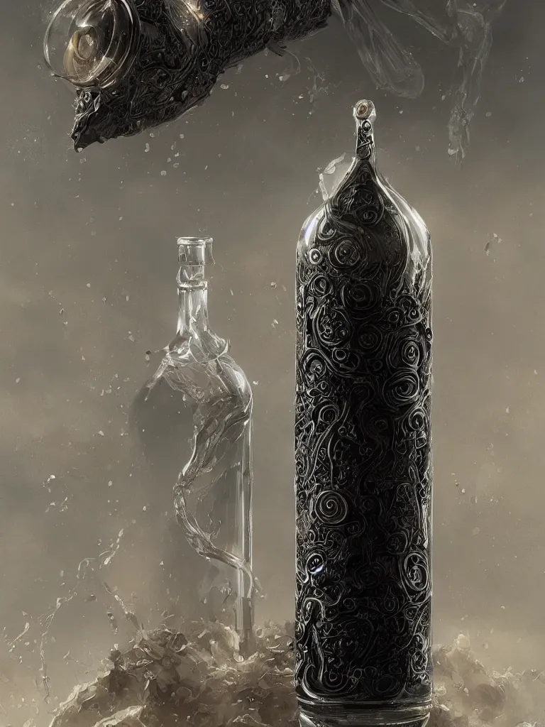 Prompt: a transparent bottle with a black sticker tmic and filled with ivory white liquid. fantasy, intricate, elegant, highly detailed, digital painting, artstation, concept art, matte, illustration, artger, greg rutkowski, epic fantasy