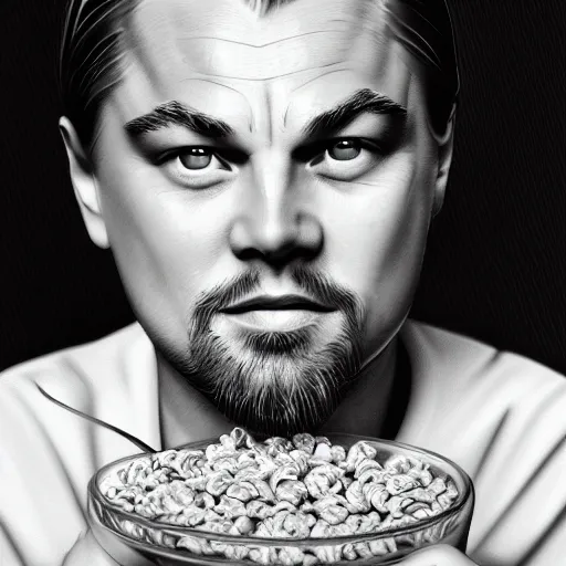 Image similar to a detailed portrait of leonardo dicaprio eating cereal with a fork, art illustration, incredibly highly detailed and realistic, 8 k, sharp focus