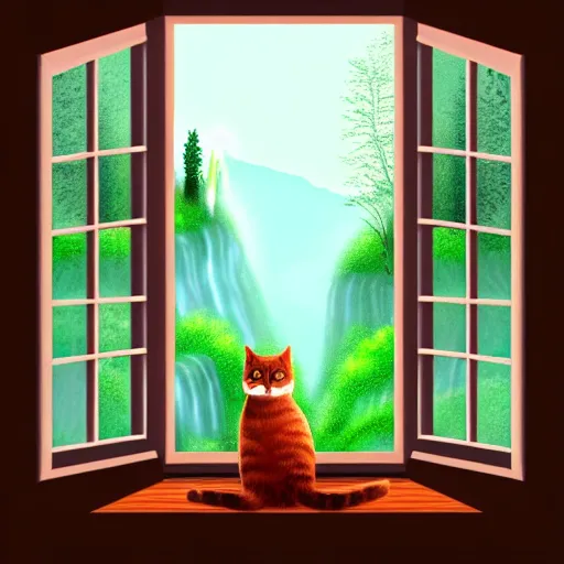 Image similar to a beautiful landscape including a waterfall and a forest through a window, cat sitting on the edge of the window, illustration, digital art, trending on artstation, no signature