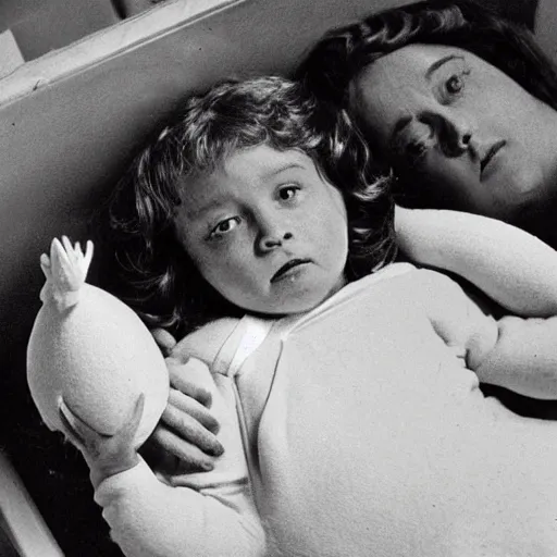 Image similar to woman who has given birth to a squishy inflatable toy, in hospital bed, Fellini film, 1974 archival footage, technicolor film expired film, 16mm, wacky children's tv
