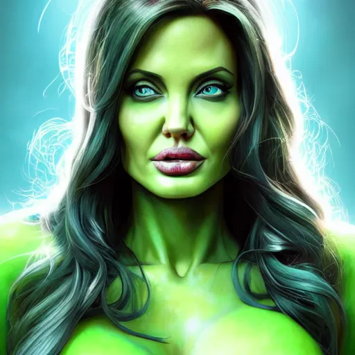 Prompt: highly detailed portrait of angelina jolie as green muscular she - hulk, very pretty, elegant, full body portrait, stephen bliss, unreal engine, fantasy art by artgerm, loish, rhads, ferdinand knab, makoto shinkai and lois van baarle, ilya kuvshinov, rossdraws, tom bagshaw, global illumination, illustration