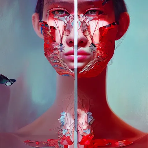 Prompt: 3 d, fashion models looks into the frame, red tears, intricate oil painting, high detail, figurative art, multiple exposure, poster art, 3 d, by tooth wu and wlop and beeple