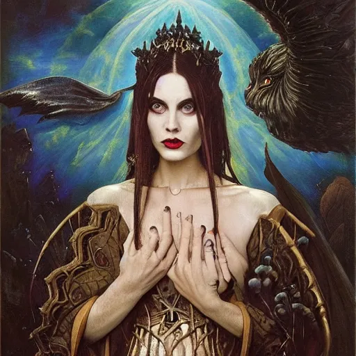 Prompt: Masterpiece painting of beautiful malicious vampire princess gothic portrait by Donato Giancola and Tom Bagshaw, face by Artgerm and Edmund Leighton, golden ratio, trending on cgsociety, intricate, majestic, dark epic fantasy, trending on artstation, by H.R. Giger, background by James Jean and Gustav Klimt, 8k, volumetric Lighting, Hokusai, detailed crimson ink outline, trending on pixiv