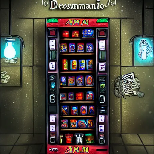 Prompt: a necromantic and depressed mayan vending machine drawn by Sam Youn artstation and Aka Akiman, cinematic lighting, amazing award winning perfect capture, detailed