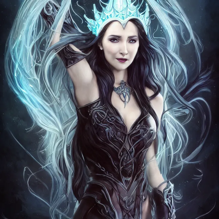 Prompt: beautiful cinematic fantasy poster, Jessica Chobot as a vampire wearing a jeweled silver crown with brilliant silver flowing hair, beautiful blue glowing eyes, wideshot ultrawide angle epic scale, hybrid from The Elden Ring and art direction by Darius Zawadzki ;by artgerm; wayne reynolds art station; cinematic quality character render; low angle; ultra high quality model; production quality cinema model;