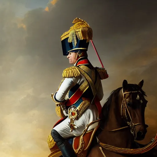 Image similar to Portrait of Emmanuel Macron as emperor napoleon, amazing splashscreen artwork, splash art, head slightly tilted, natural light, elegant, intricate, fantasy, atmospheric lighting, cinematic, matte painting, by Greg rutkowski